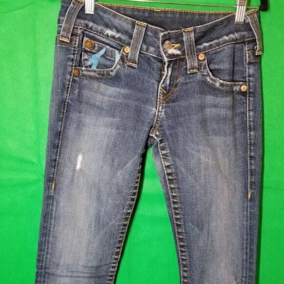 True Religion Women's Bootcut Blue Logo U Pocket Dark Denim Jeans Size 27 Y2K - Picture 1 of 16